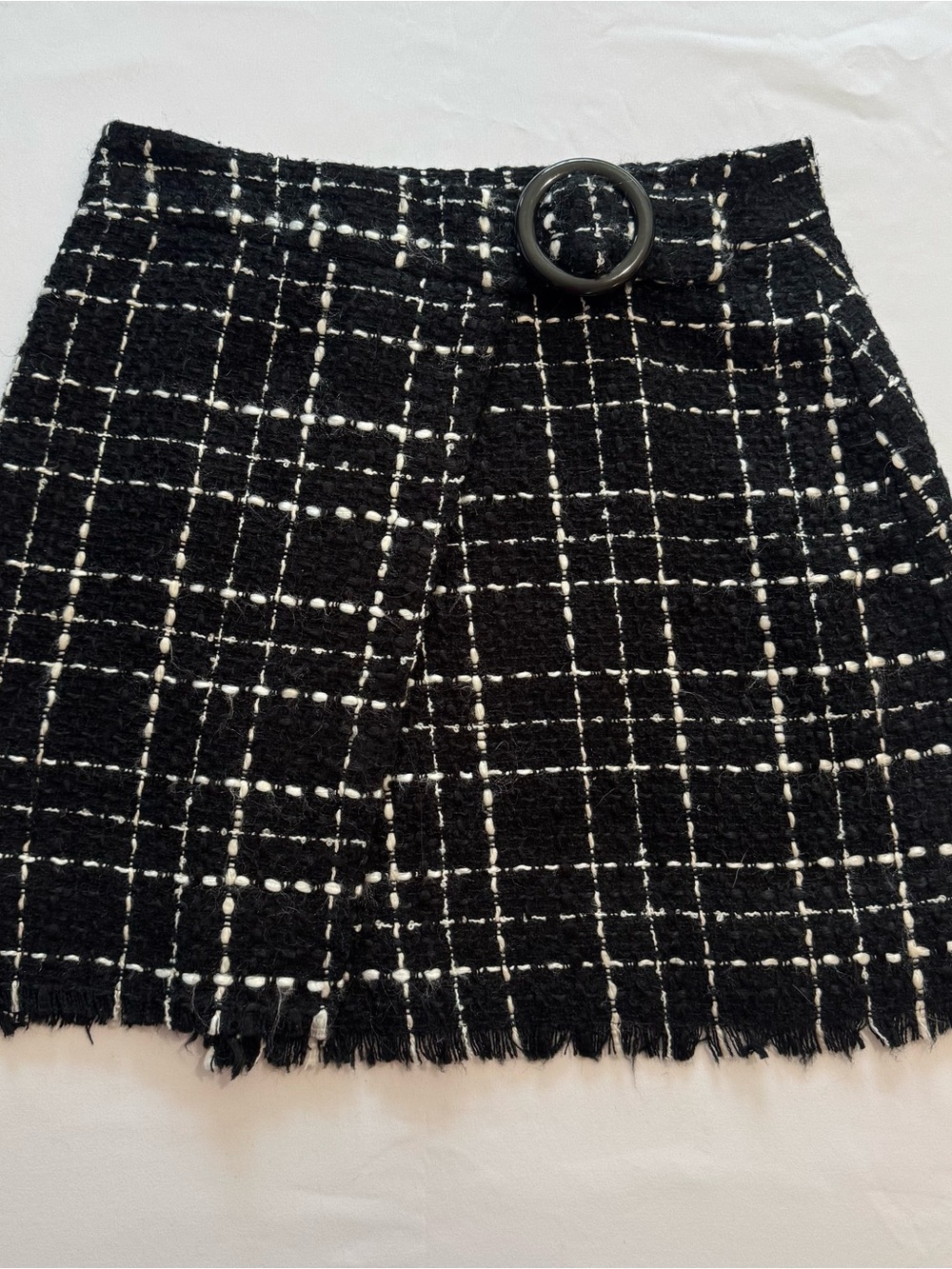 Black & White Tweed Mini Skirt with Belt Accent